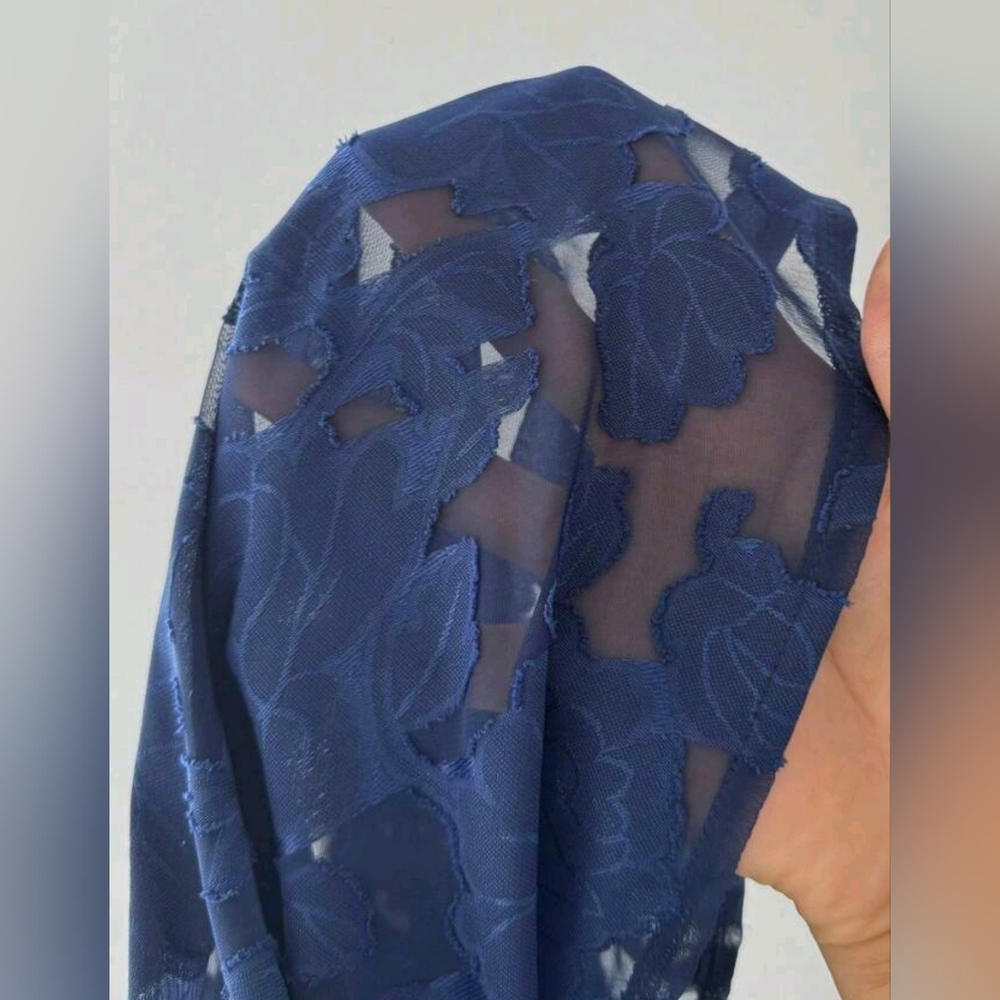 New Chic Sheer Textured Lace Midi Dress PLUS Puffed Sleeve Navy Blue - Picture 7 of 14